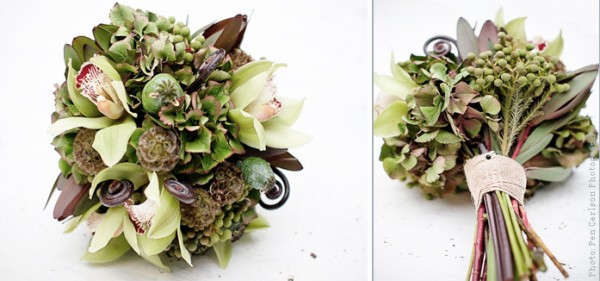 a common material is burlap as seen on this bouquet and the one below by 